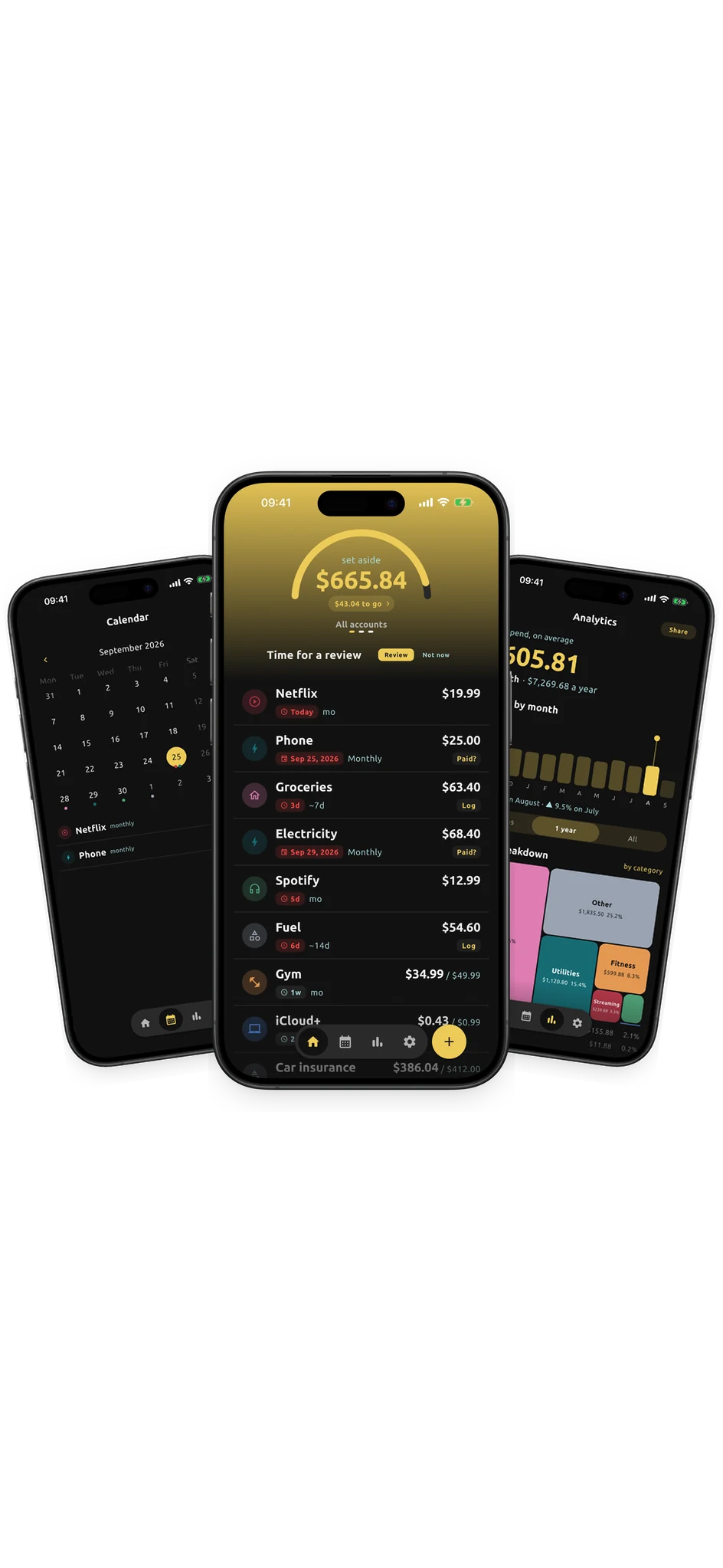 Submoney app screens showing home, calendar, and analytics